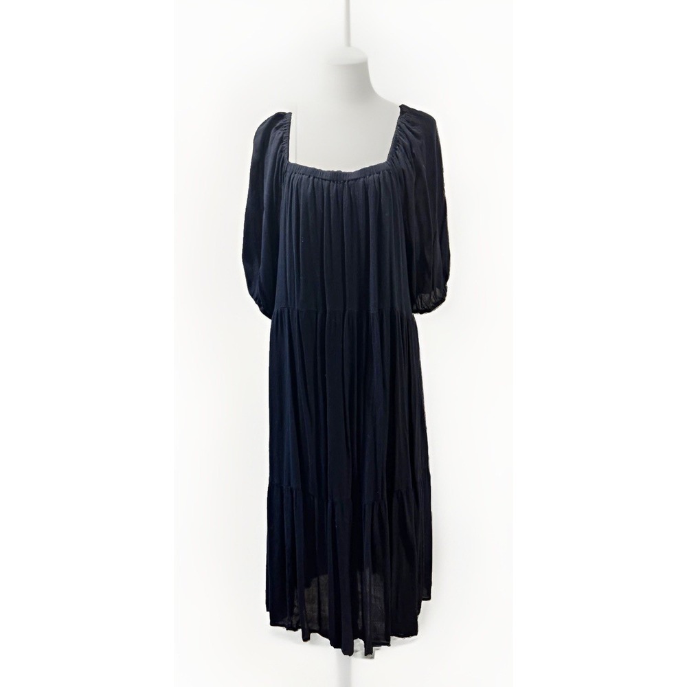 Banana Republic Navy Solid Woven Midi Dress Crepe Square Neck 3/4 Puff Sleeve L